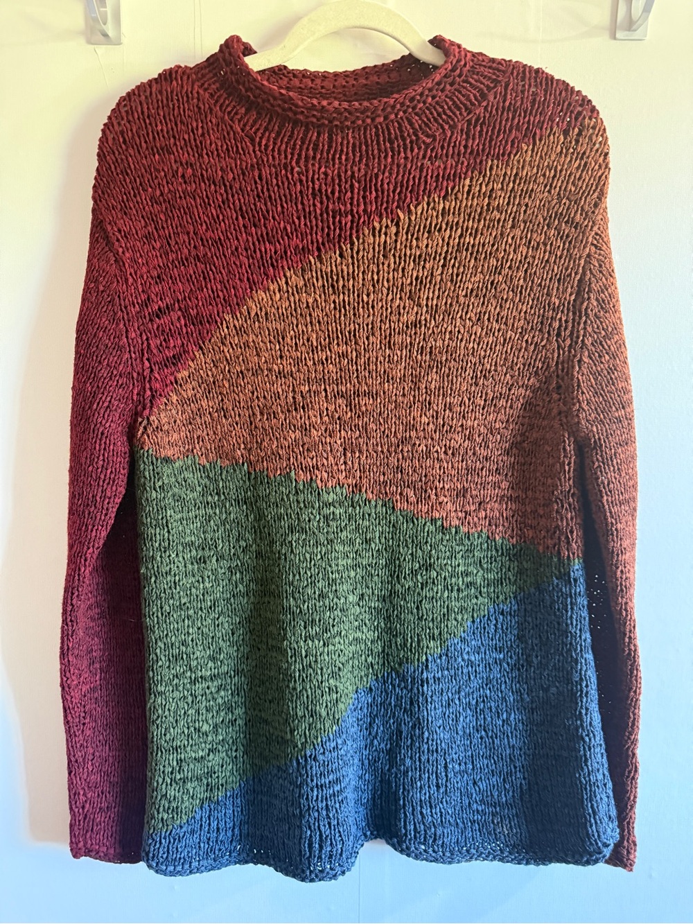 Northern Isles Colorblock Open Knit Sweater M Wool Blend Burgundy Green rollneck